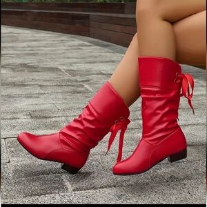 New Red boots low chucky heel, lace up back comfortable